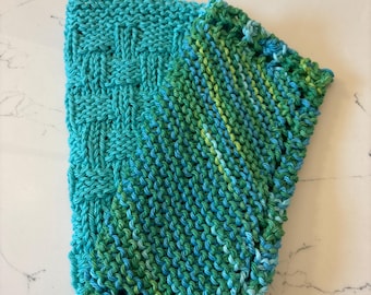 Hand Knit Cotton Dish Cloths - Set of 2 Kitchen Washcloths