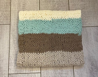 Hand Knit Afghan, Creme, Tans, Aqua Teal, Chunky Afghan