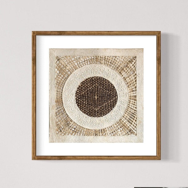 Medium Mexican Handmade Amate Paper 15.75"x15.75"sq (Frame Not Included) Cream SQ Circular Weave Multi Diamond Artisan Design Art