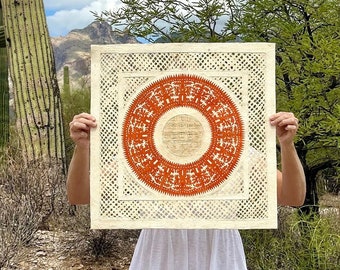 Large Mexican Handmade Amate Paper 23.5"sq (Frame Not Included) Terracotta + Cream SQ Circle Papel Picado Artisan Design Art