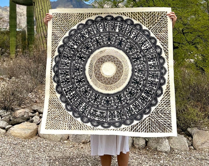 Featured listing image: Handmade Mexican Amate Paper Wall Art – XXL 47x47 Modern Mexican Art (Unframed)