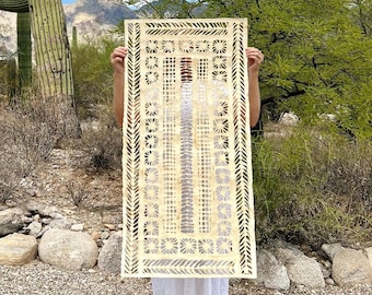 XL Mexican Handmade Amate Paper 23.5"x47" (Frame Not Included) Cream Linear Weave Knotted + Stars Artisan Design Art