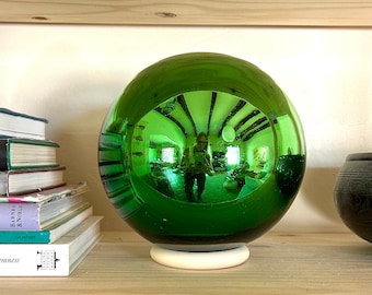 7.5” Blown Glass Mercury Barragan Ball, Mercury Globe (Includes one) w/ Wood Stand