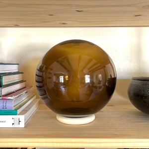 7.5” Blown Glass Tobacco Barragan Ball, Mercury Globe (Includes one) w/ Wood Stand