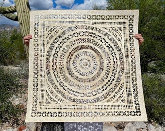 XXL!  Mexican Handmade Amate Paper 39"sq / Mexican Paper (Frame Not included) Cream SQ Circular Knotted + Stars Artisan Design Art