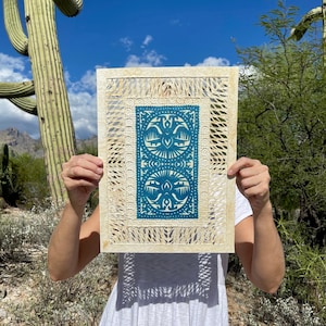 Medium Mexican Handmade Amate Paper 11.75"x15.5" (Frame Not Included) Turquoise Rectangle Papel Picado Artisan Design Art