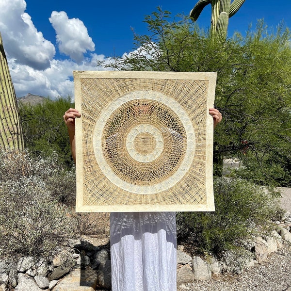 XL Mexican Handmade Amate Paper 31.25"sq (Frame Not Included) Cream SQ Intricate Weave Two Circles Artisan Design Art