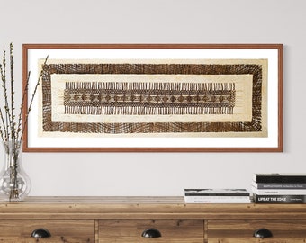 XL Mexican Handmade Amate Paper 15.5" x 47" (Frame Not Included) Cream and Brown Linear Weave Diamonds Artisan Design Art