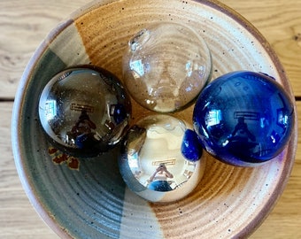 SET OF 4/ 4” Blown Glass Barragan Spheres, Mercury, Indigo, Cafe & Clear