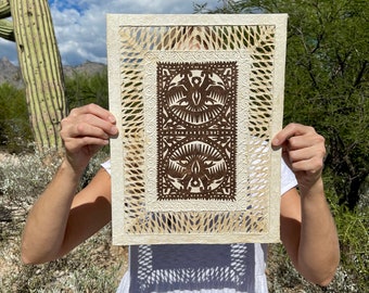 Medium Mexican Handmade Amate Paper 11.75"x15.5" (Frame Not Included) Cafe Brown Rectangle Papel Picado Artisan Design Art