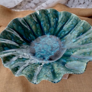 Large decorative pottery bowl, coastal decor centerpiece, extra large ceramic wavy bowl, blue and green ocean inspired coffee table bowl