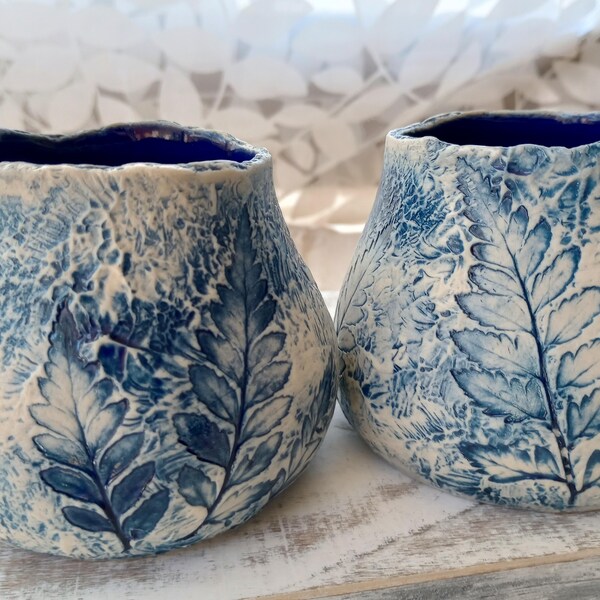 Botanical pottery vases, blue and white pottery, fern, garden gifts, flower pressed pottery, plants, flower vases, Spring, candle holders