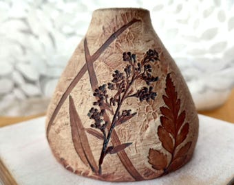 Botanical pottery bud vase, flower vase, rustic pottery, flower pressed pottery, fern print, handmade ceramic vase