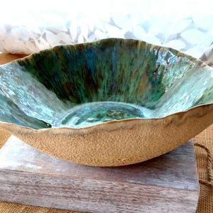 Large decorative pottery bowl, coastal beach decor, fine art ceramics, fruit bowl, multi colored ceramic bowl, centerpiece, turquoise, teal