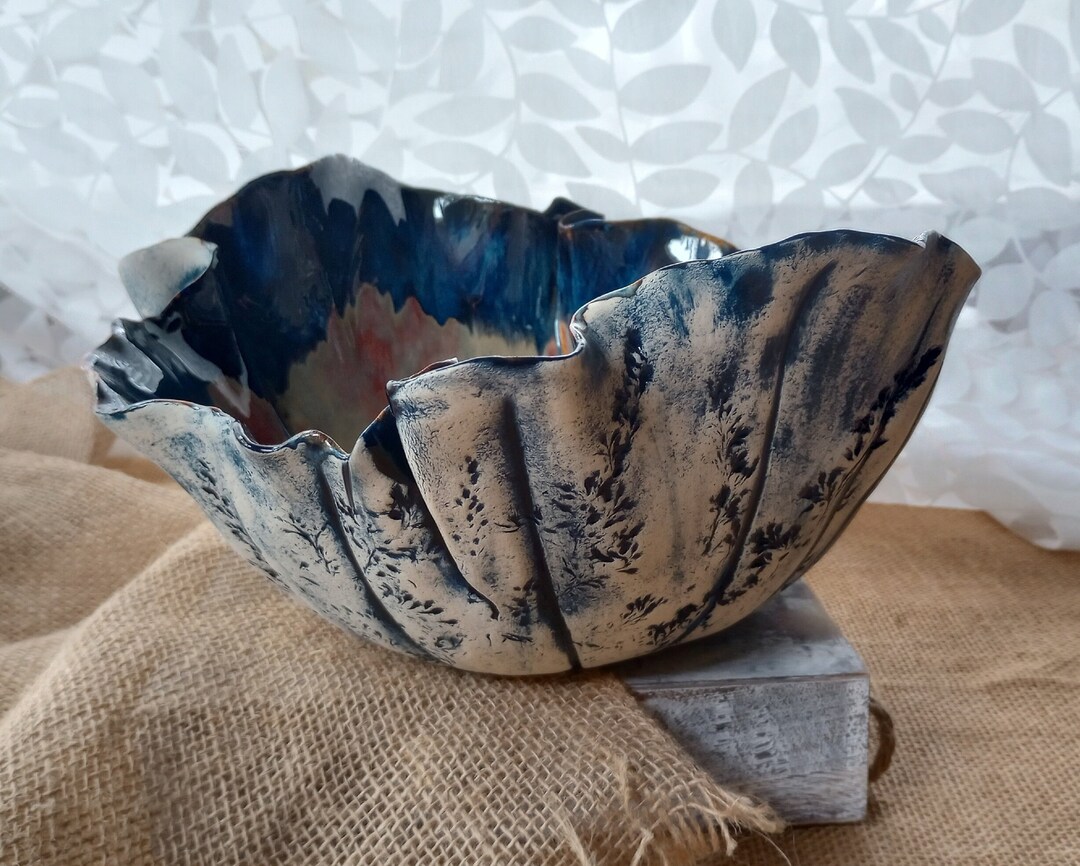 Large Pottery Bowl, Botanical Pottery Bowl, Fruit Bowl, Centerpiece