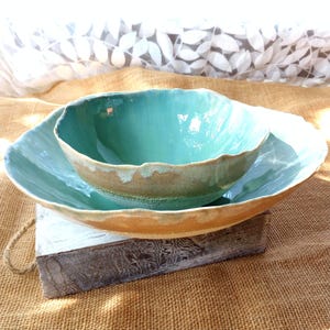 Decorative pottery bowl set, coastal beach decor, fine art ceramics, fruit bowl, turquoise serving bowls, chip and dip, kitchen and dining