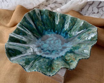 Coastal decor pottery bowl, extra large decorative bowl, centerpiece, coffee table bowl, blue and green wavy bowl, fine art ceramics