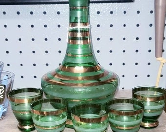 Vintage 5 pc. Set di decanter Smeraldo e Oro Mid Century Moderno