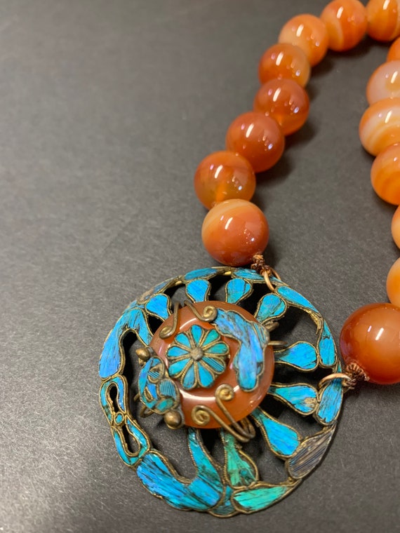 Antique Carnelian Beaded Necklace with Kingfisher 