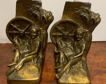 Vintage Brass Plated Spelter Farmer Child Bookends