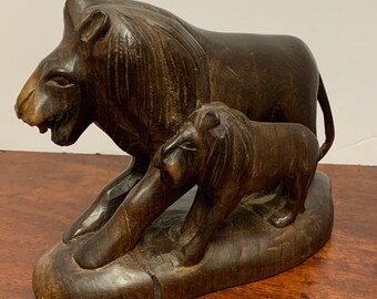 Vintage Wooden Lion and Cub Statue