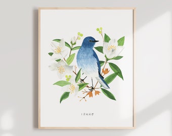 Idaho State Bird Art Print | Mountain Bluebird & Mock Orange