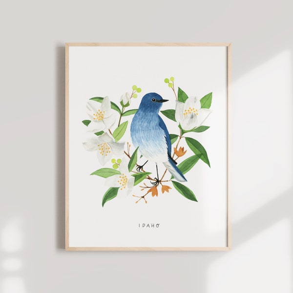 Idaho State Bird Art Print | Idaho Mountain Bluebird and Mock Orange - State Flower - State Bird - Idaho Wall Art - Home Decor