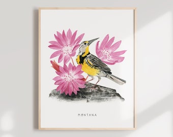 Montana State Bird Art Print | Montana Meadowlark and Bitterroot- State Flower - State Bird - Montana Wall Art - Watercolor Home Decor