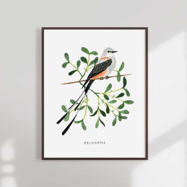 Oklahoma State Bird Print | Oklahoma Scissor-tailed Flycatcher and Mistletoe - State Flower - State Bird - Oklahoma Wall Art - Home Decor
