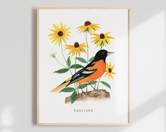 Maryland Oriole Art Print | Black-Eyed Susans Watercolor