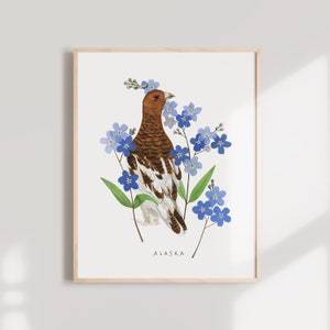 Alaska State Bird Art Print | Alaska Willow Ptarmigan and Forget-Me-Nots - State Flower - State Bird - Alaska Wall Art - Home Decor