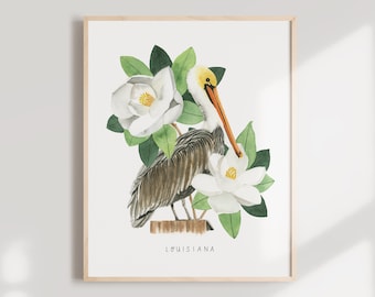 Louisiana Brown Pelican Art Print | Magnolia, State Bird & Flower