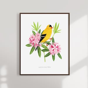 Washington State Bird Art Print | Washington Goldfinch and Rhododendron - State Flower - State Bird - Washington Wall Art -  Home Decor