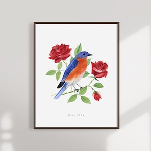 New York State Bird Art Print | New York Bluebird and Rose - State Flower - State Bird - New York Wall Art - Home Decor