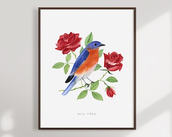 New York State Bird Art Print | New York Bluebird and Rose - State Flower - State Bird - New York Wall Art - Home Decor