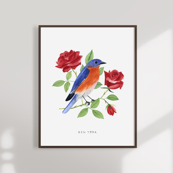 New York State Bird Art Print | New York Bluebird and Rose - State Flower - State Bird - New York Wall Art - Home Decor