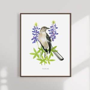 Texas State Bird Art Print | Texas Mockingbird and Bluebonnets - State Flower - State Bird - Texas Wall Art - Watercolor Home Decor