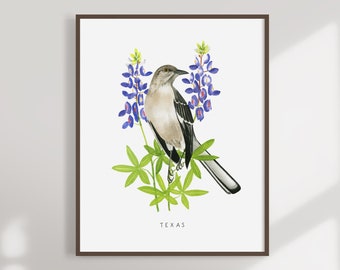 Texas Mockingbird Art Print | Bluebonnets Watercolor Illustration