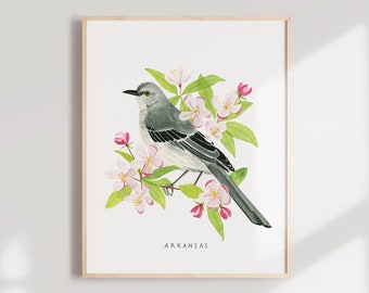 Arkansas State Bird Art Print | Arkansas Mockingbird and Apple Blossom - State Flower - State Bird - Arkansas Wall Art - Home Decor