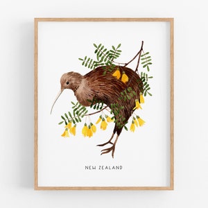 New Zealand Country Bird Art Print | Kiwi and Kowhai Flower - New Zealand Wall Art - Watercolor Home Decor