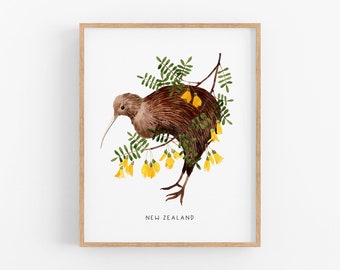 New Zealand Country Bird Art Print | Kiwi and Kowhai Flower - New Zealand Wall Art - Watercolor Home Decor