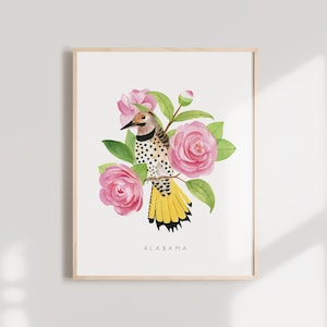 Alabama State Bird Art Print | | d’art mural de l’Alabama | de décoration d’aquarelle Alabama Yellowhammer et Cammelias - Fleurs d’État - Oiseaux d’État
