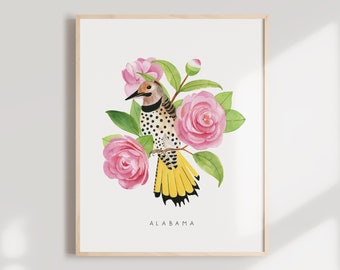 Alabama State Bird Art Print | Yellowhammer & Camellias Watercolor