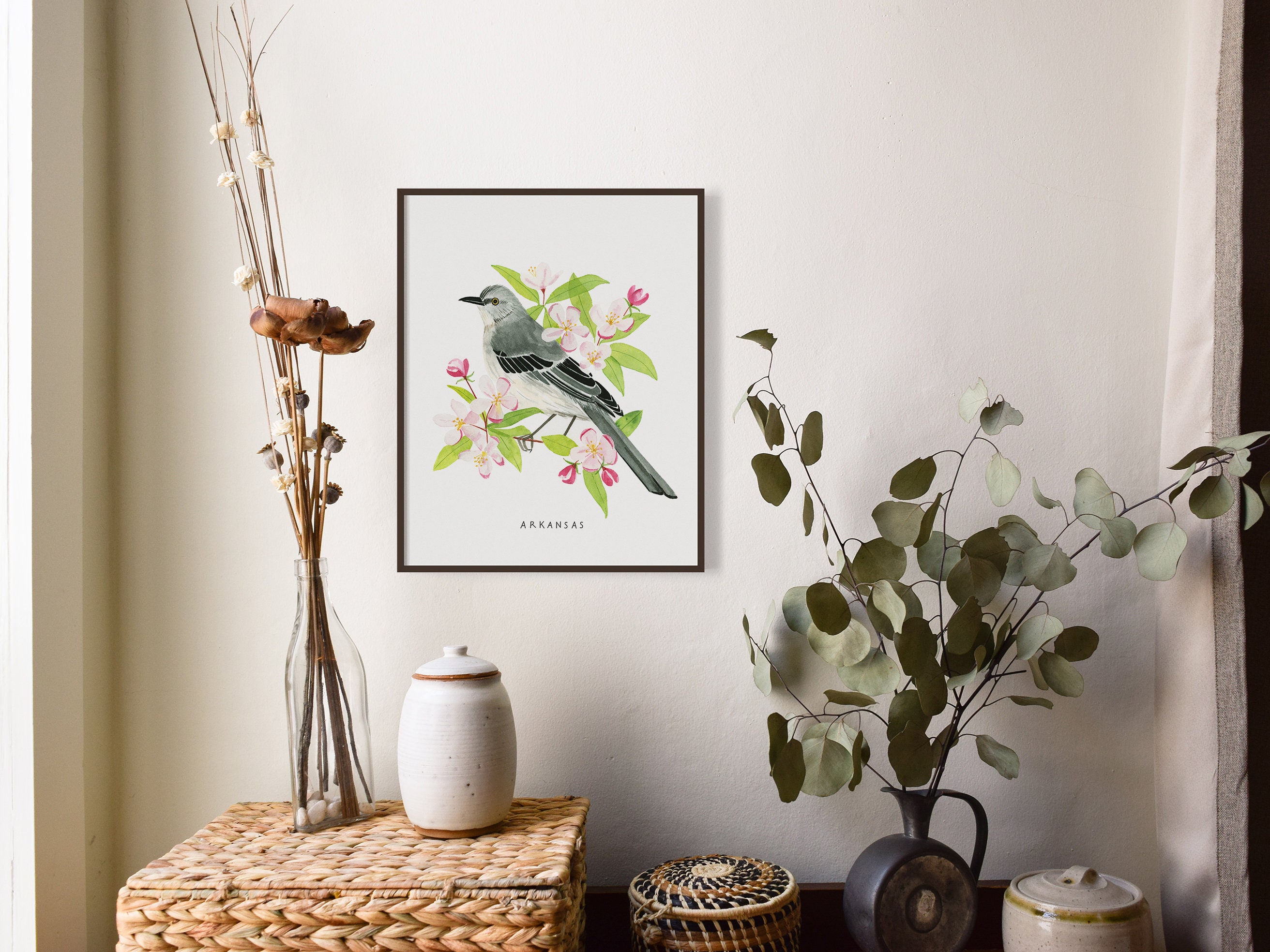 Arkansas State Bird Art Print | Mockingbird and Apple Blossom ...