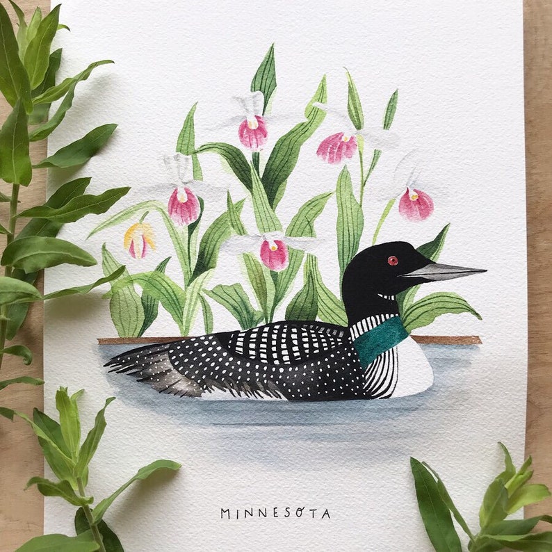 May include: Watercolor painting of a loon swimming in a lake with pink and white lady slipper orchids in the background. The painting is signed "Minnesota".