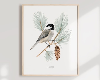 Maine Chickadee Art Print | Watercolor State Bird and Pinecone