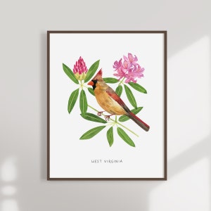 West Virginia State Bird Art Print | West Virginia Cardinal and Rhododendron - State Flower - State Bird - West Virginia Watercolor Wall Art