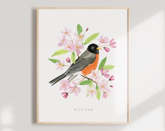 Michigan Robin Art Print | Apple Blossom Watercolor Home Decor