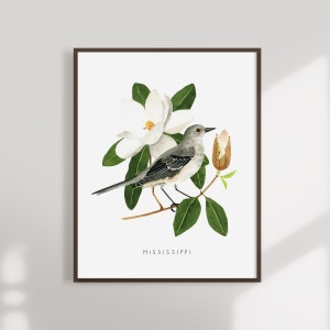 Mississippi State Bird Art Print | Mississippi Mockingbird and Magnolia - State Flower - State Bird - Mississippi Wall Art - Home Decor