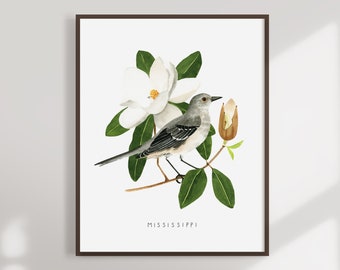 Mississippi State Bird Art Print | Mockingbird and Magnolia Watercolor